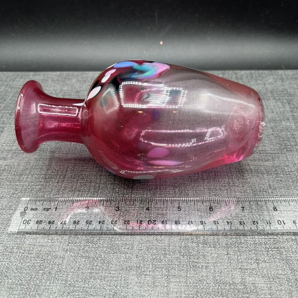 Hand Blown Pink Art Glass Vase Confetti Murano Style 7.5”